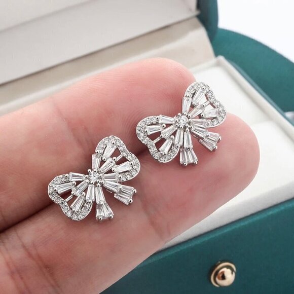 New 14K White Gold Plated Delicate Women’s CZ Pave Bow Stud Earrings - Picture 4 of 11
